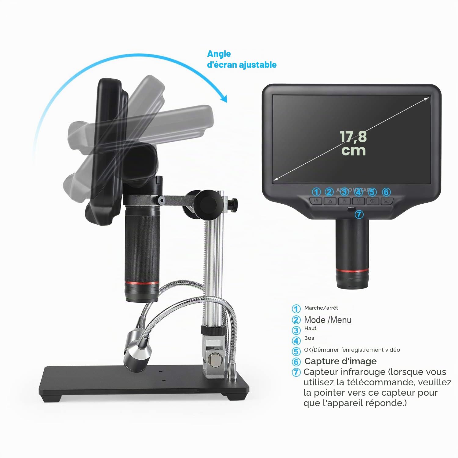 Andonstar AD407 Microscope numérique de soudure 3D HDMI avec écran LCD réglable de 7 pouces et 4MP UHD - Microscopes vidéo USB pour réparation de téléphone SMT SMD DIY