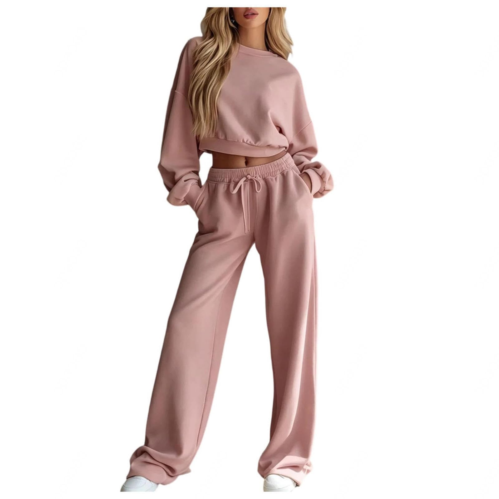 Trainingsanzug Damen Runder Halsausschnitt Lange Ärmel Trainingsanzug Frau Wide Leg Sweatpants Anzug FüR Damen Herbst Set,Pink-XL