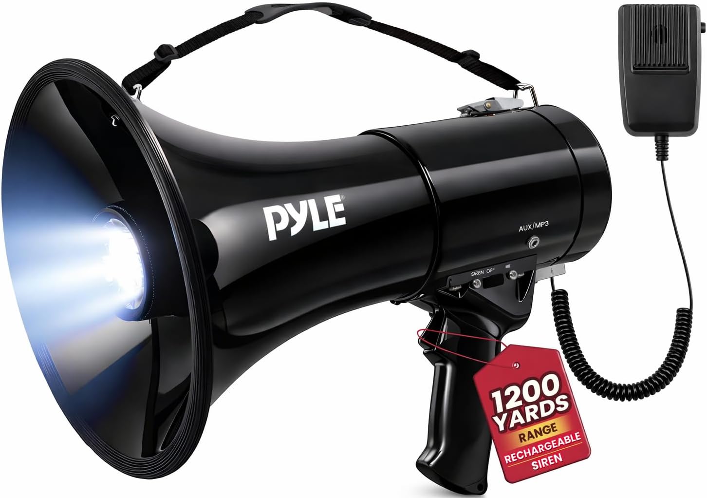 Pyle Portable Compact PA Megaphone Speaker with Alarm Siren & Adjustable Volume - 50W Handheld Lightweight Bullhorn - with Mic, AUX IN for MP3, 1200 Yards Range, Rechargeable Battery