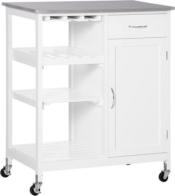 HOMCOM Compact Kitchen Trolley Utility Cart on Wheels with Wine Rack, Drawer, Open Shelf and Storage Cabinet for Dining Room, White