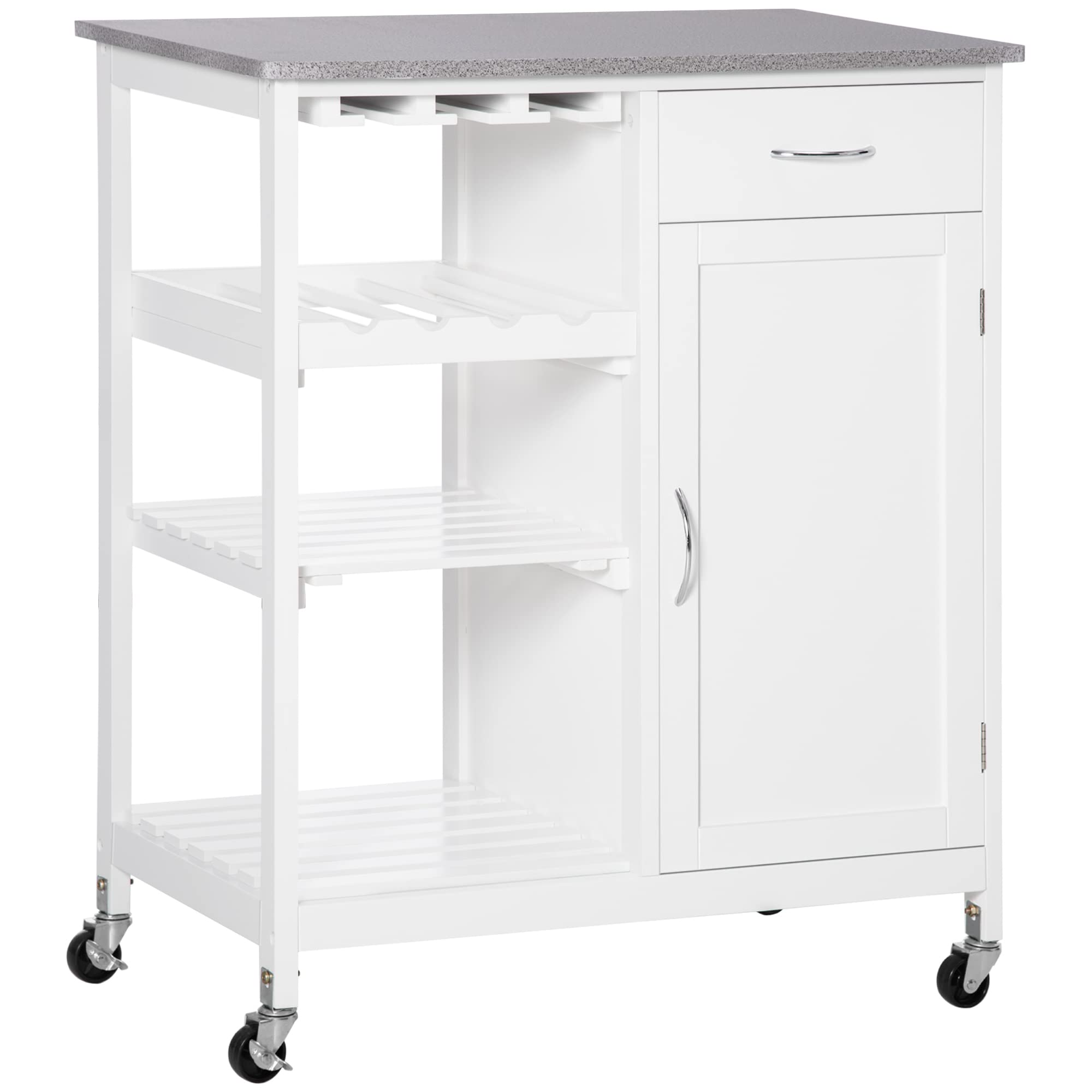 HOMCOM Carro de Cocina con Ruedas 1 Cajón Armario 40 kg 76x48x88 cm Blanco | Carrito de Servicio, Estantes Extraíbles, Botellero para 4 Botellas, para Comedor Salón