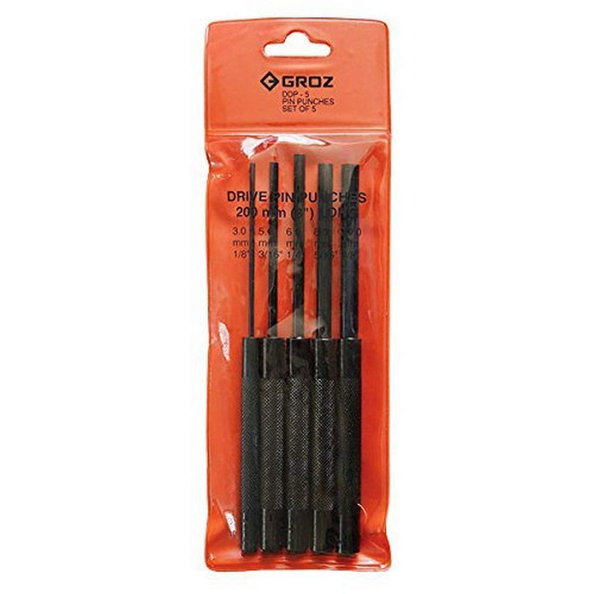 Groz 5-Piece Long Drive Pin Punch Set, 8" Round Shank Carbon Steel Punches with 3-3/4" Pins, 1/8" 3/16" 1/4" 5/16" 3/8", Vinyl Pouch (25508)