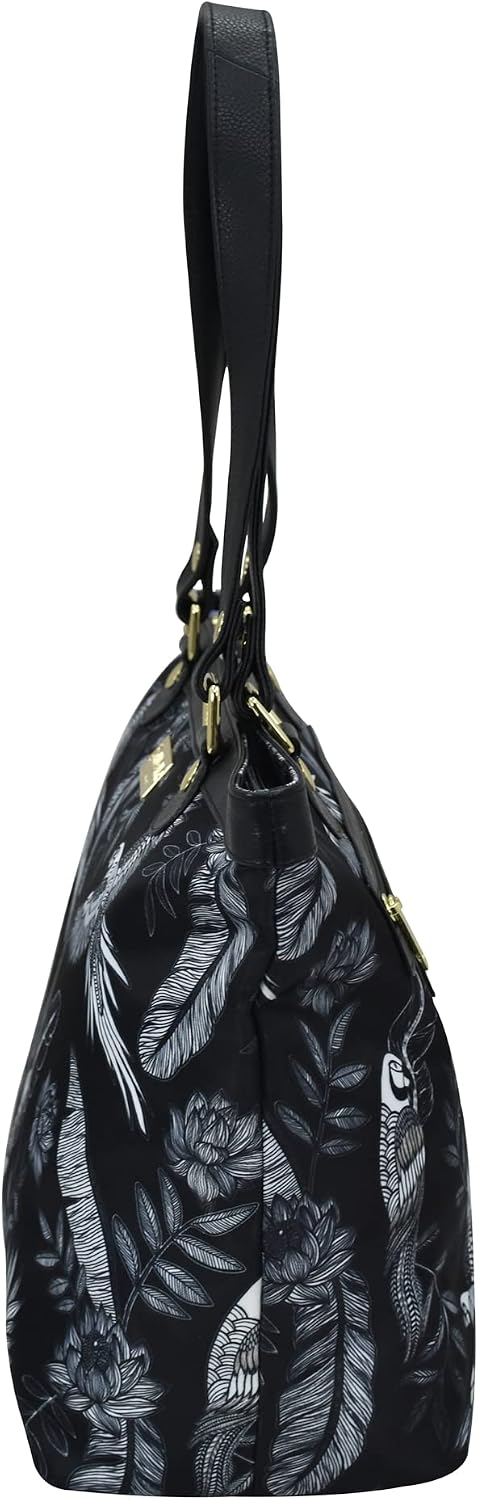 Anuschka Zip Top City Tote - Wanderlust Collection - Nylon Fabric with Genuine Leather Trim and Artwork Print
