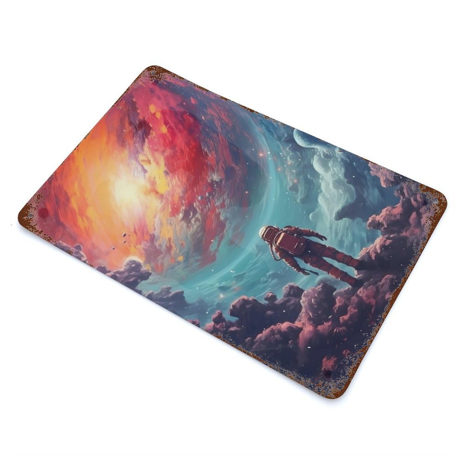 Rust Effect Tin Sign Astronaut Planet 11.8"x7.9", Vintage Wall Decor for Basement, Hobby Room And Garage Decor