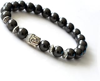 Joya Gift Hematite 8MM Round Beads Buddha head Gemstone Chakra Bracelet for Women Charms Men Jewelry