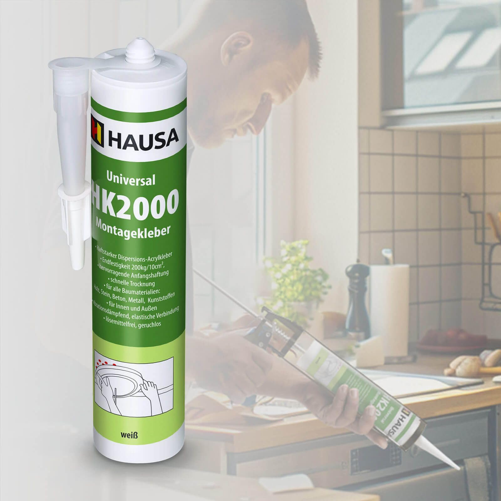 HAUSA Colle de montage universelle HK2000 Colle acrylique à dispersion adhésive Idéale pour les supports poreux à l'intérieur et à l'extérieur Résistance finale 200kg/10cm² 12x 310ml Blanc