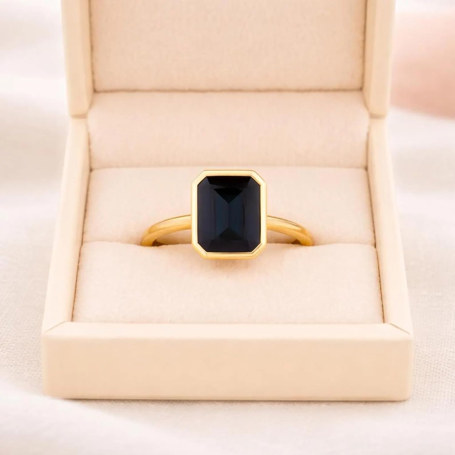 Emerald Cut Blue Sapphire Wedding Ring for Women – Solid Yellow Gold Bezel Setting Handmade Vintage Style Sapphire Engagement & Promise Jewelry Gift for Her