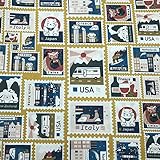 Composition : 100 % coton Kt KILOtela - Tissu en toile imprimée numérique - Half Panama 100 % coton - Coupon de 100 cm de long x 280 cm de large  Timbres de pays - Bleu, moutarde - 1 mètre