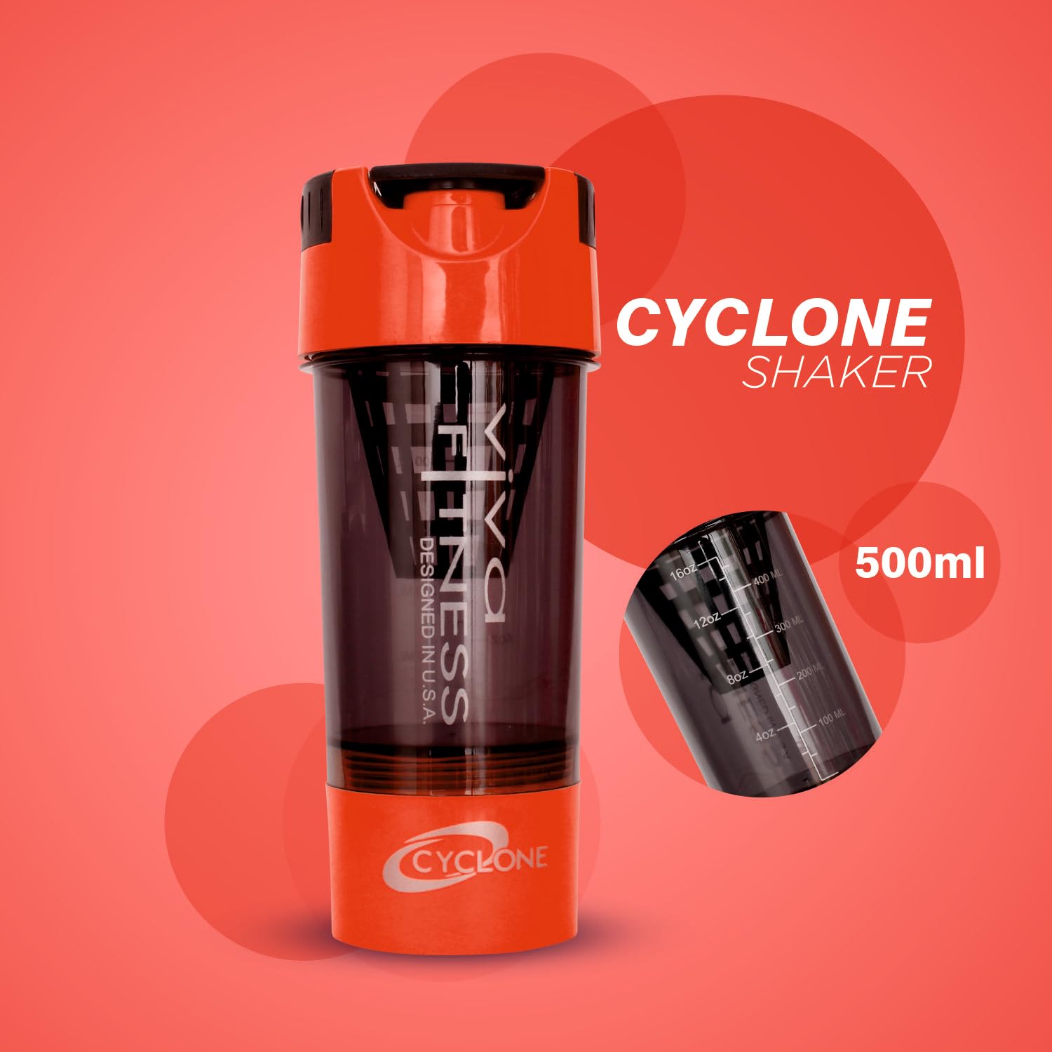 Viva Fitness 500 ml Cyclone Plastic Gym Shaker Bottle with Measurement scale, protein shaker for workout (Red-Black)