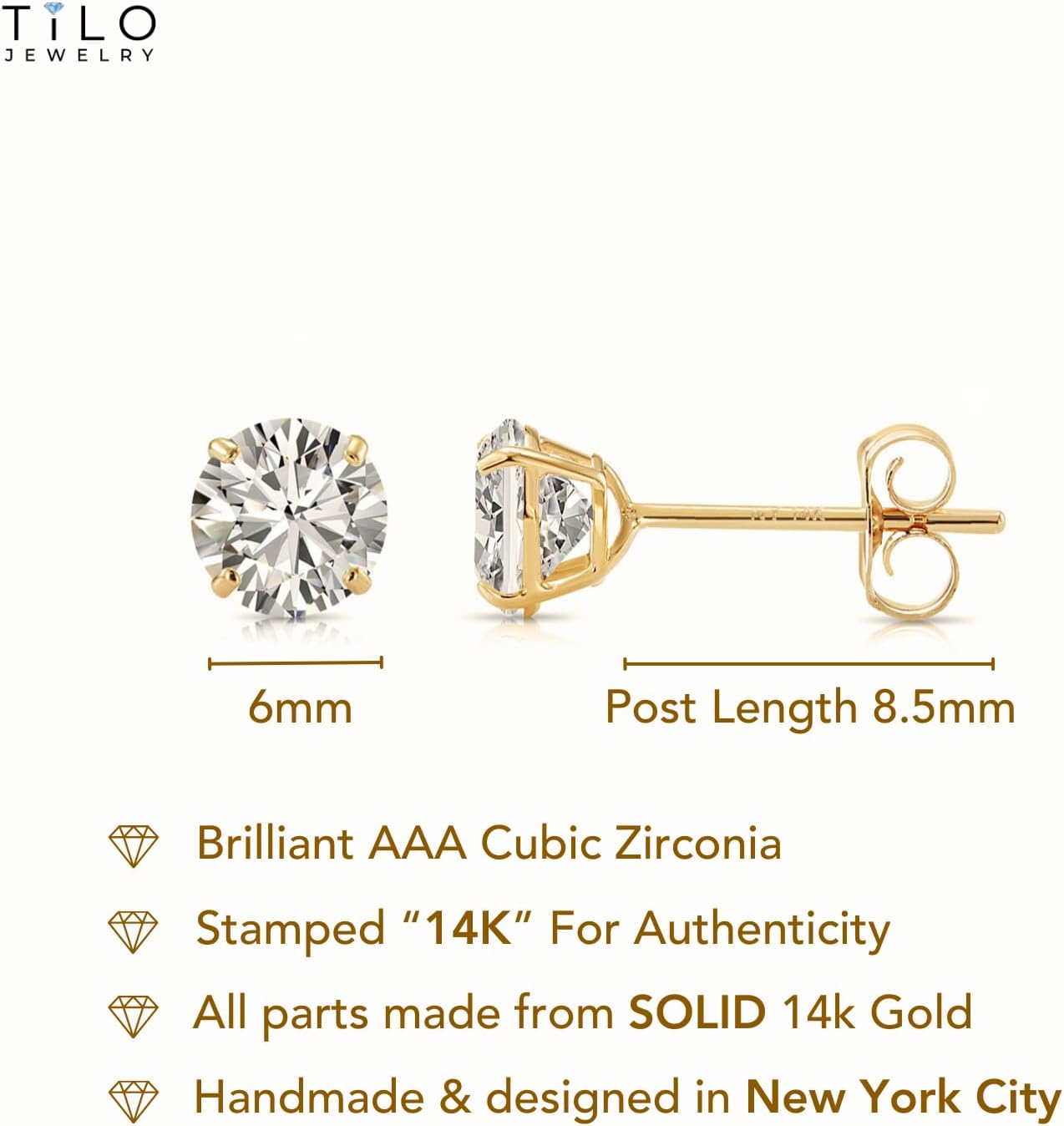 14k Yellow Gold Solitaire Round Cubic Zirconia CZ Stud Earrings with Gold butterfly Pushbacks