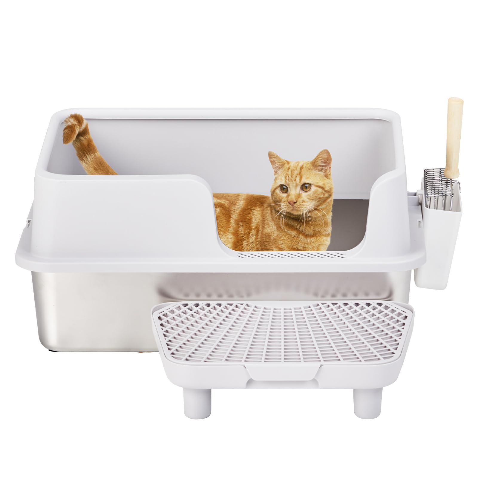 HOBBYZOO Stainless Steel Cat Litter Tray with Lid, Easy to Clean and Metal Leak-Proof Stainless Steel Cat Litter Box with Pedal Filter and Scoop, Grey