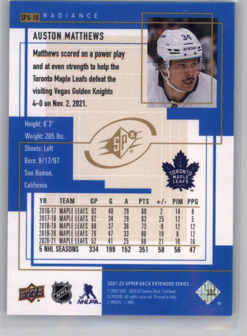 2021-22 Upper Deck Extended Series SPx 1999-2000 Retro Radiance #SPX-10 Auston Matthews SER/100 Toronto Maple Leafs Official NHL Hockey Card in Raw (NM or Better) Condition