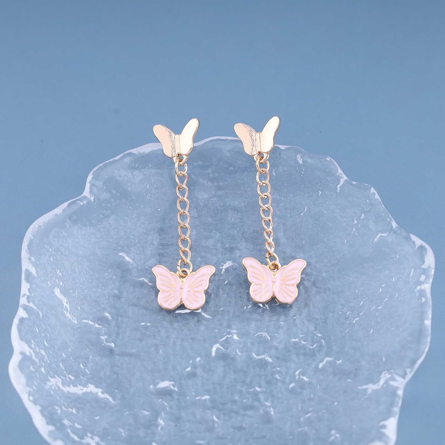 Bohemian Enamel Butterfly Dangle Earrings Gold Butterfly Tassel Drop Earrings Pink Butterfly Tassel Chain Earrings Small Butterfly Stud Earrings Jewelry for Women Gifts - Image 5