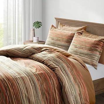 Eikei Minimalist Abstract Striped Duvet Cover Dusty Cedar Clay Taupe Tan Light Grey Olive Geo Brush Stroke Pattern 100% Cotton Sateen 400TC Bedding Set Blended Stripes Copper Olive, Twin