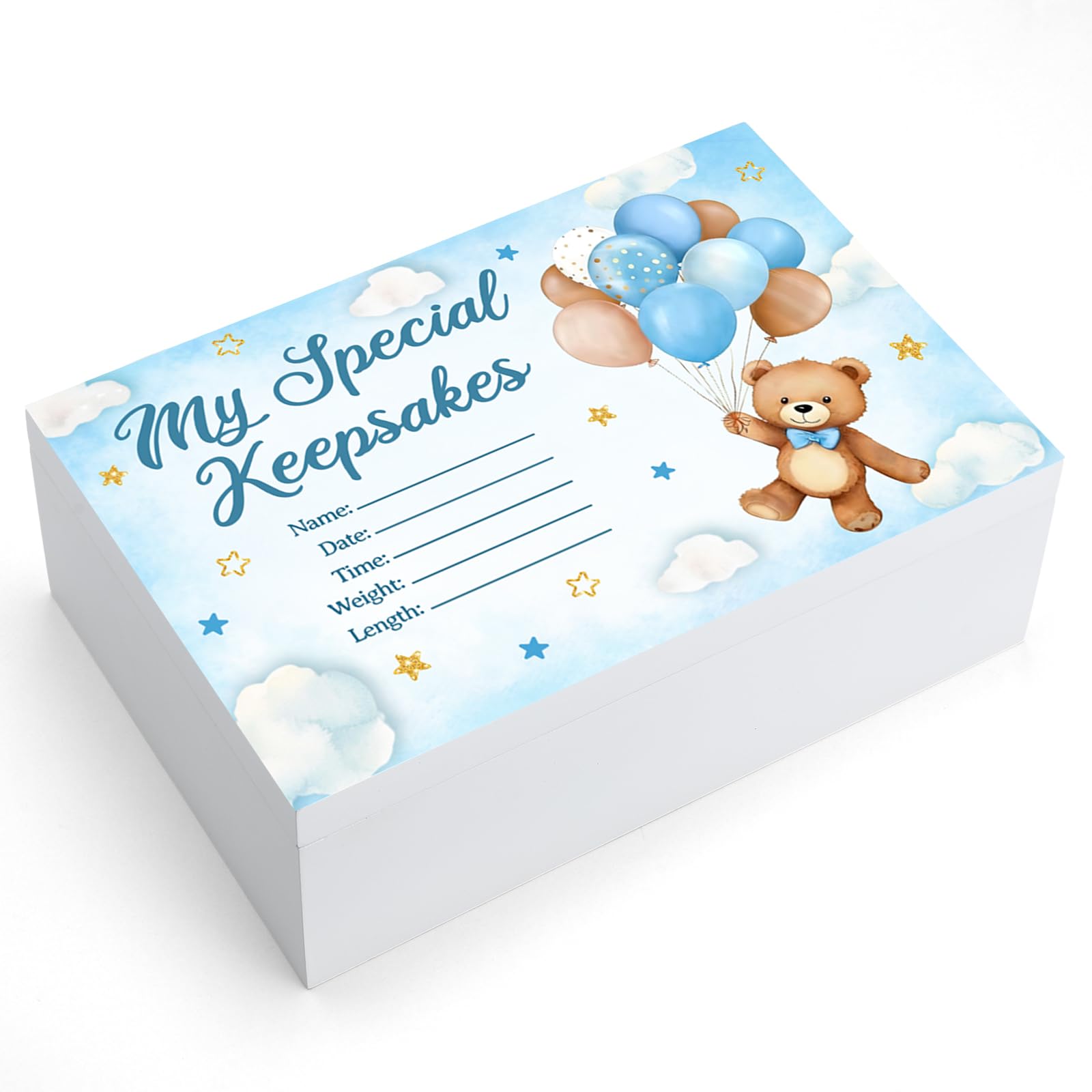 Thyle Blue Bear - Caja de madera para recuerdos de bebé, caja de recuerdos para niños o niñas, regalo de cumpleaños bautismal para padres recién nacidos, regalo de cumpleaños para recuerdos