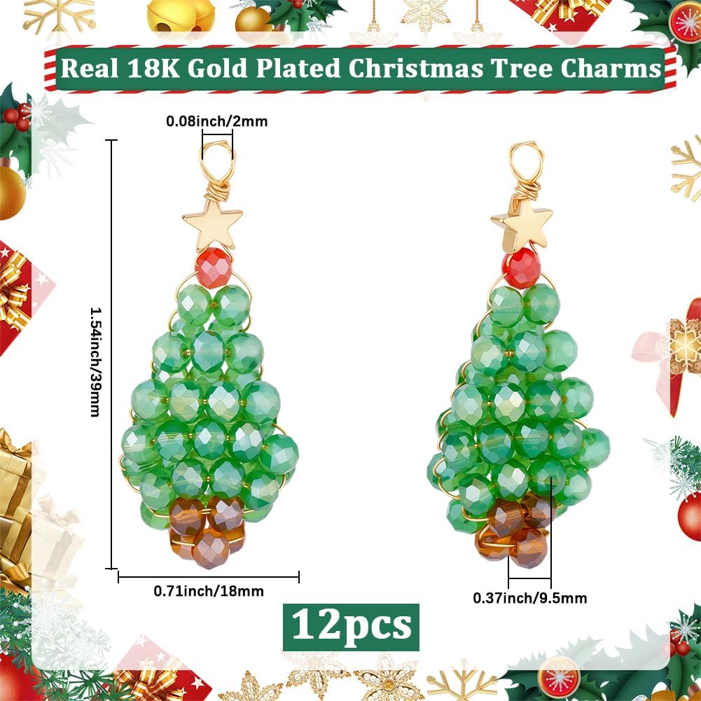Beebeecraft 1 Box 12Pcs Christmas Tree Charms Real 18K Gold Plated Winter Crystal Glass Beaded Faceted Xmas Green Tree Pendants Charms for Jewelry Making Necklaces Earrings Bracelets DIY