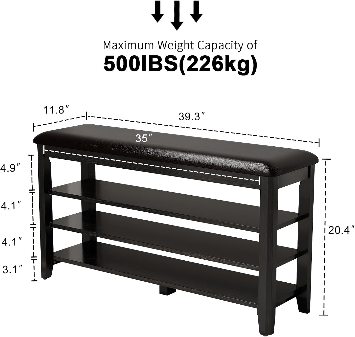 Shoe Bench with Leather Cushion, 3 Tiers Shoe Storage Bench Height Adjustable, Walnut Wood Entryway Bench for Hallway, Mudroom Black 39.4" image 2 of 7 B0DV3BF84F