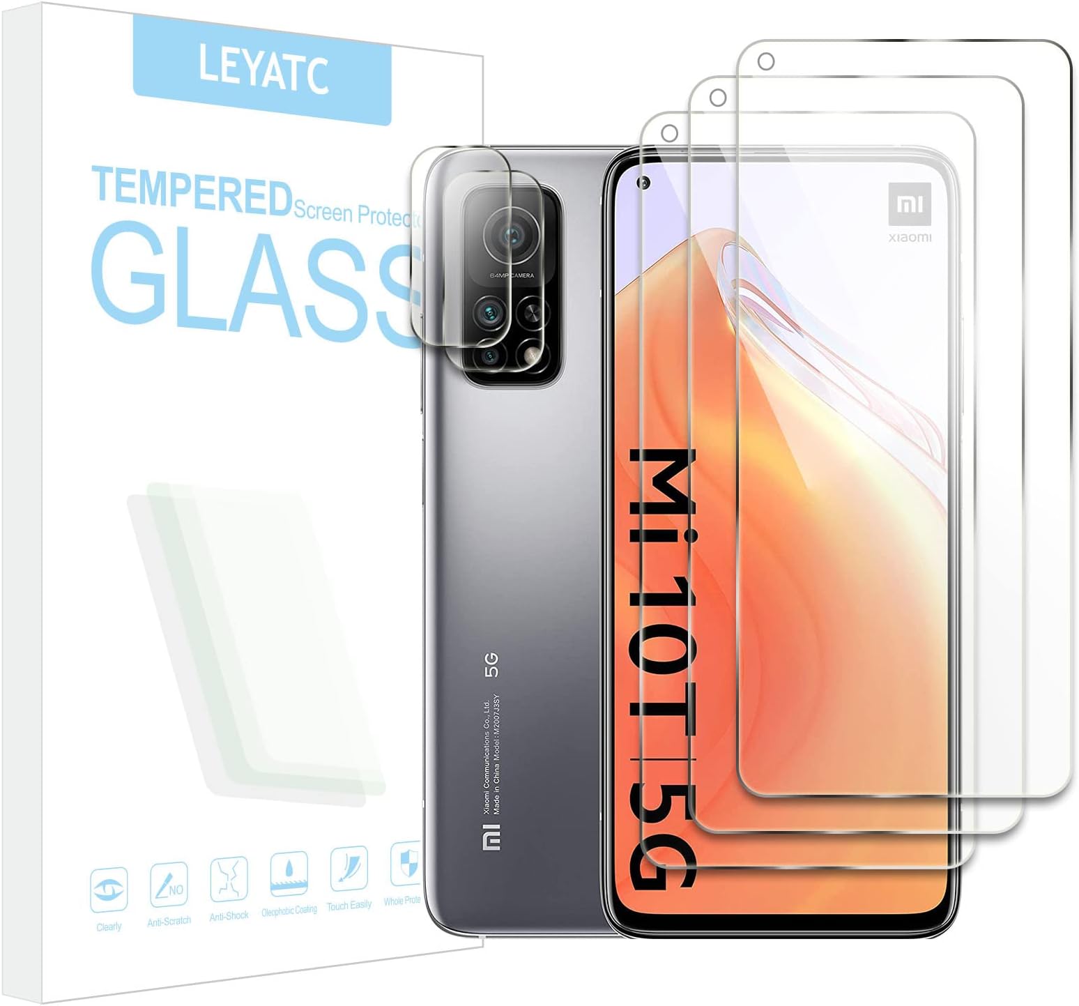 [3+2 Pack] 3 Pack for Xiaomi Mi 10t / Mi 10t Pro HD Clear Tempered Glass Screen Protector +2 Pack Camera Lens Protector, [9H Hardness][Bubble-Free] [Shatter Proof] [Anti-fingerprint [Easy