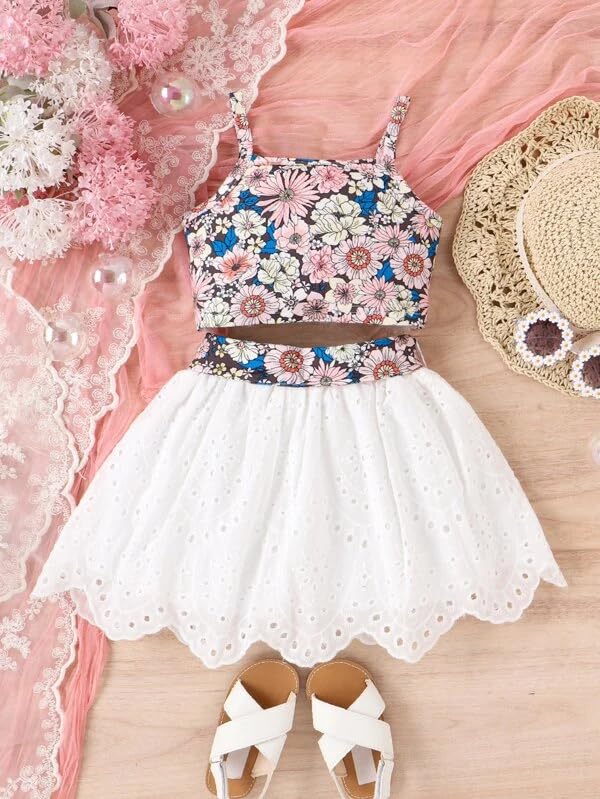 Image of PAMBERSTON Girls Dress Set, Floral Print Sleeveless Top with White Skirt and Bow Detail | Cute Casual Outfit for Girls | Perfect for Parties, Birthday, Wedding