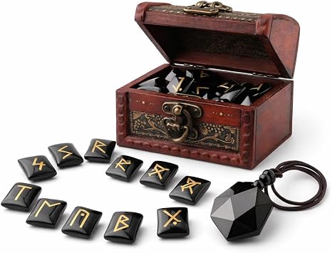 kcrygogo Rune Set with Elder Futhark Alphabet Crystal Meditation Divination Healing Chakra Reiki with Vintage Wooden Box and Natural Obsidian Pendant3Pcs