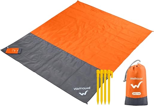 wellhouse Sandproof Beach Blanket,Camping Mat Waterproof Picnic Blankets with Floating Waterproof Phone Pouch Washable Rug for Travel Hiking Music Grass BBQ Orange