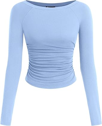 PRETTYGARDEN Long Sleeve Shirts for Women 2025 Fall Ruched Sides Boat Neck Basic Tee Casual Fitted Ribbed Knit Crop Tops
