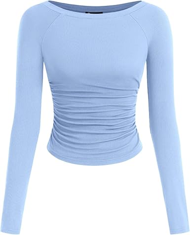 PRETTYGARDEN Long Sleeve Shirts for Women 2025 Fall Ruched Sides Boat Neck Basic Tee Casual Fitted Ribbed Knit Crop Tops