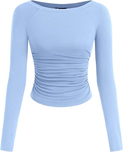 PRETTYGARDEN Long Sleeve Shirts for Women 2025 Fall Ruched Sides Boat Neck Basic Tee Casual Fitted Ribbed Knit Crop Tops
