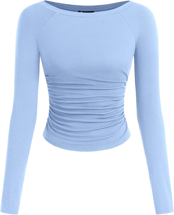 PRETTYGARDEN Long Sleeve Shirts for Women 2025 Fall Ruched Sides Boat Neck Basic Tee Casual Fitted Ribbed Knit Crop Tops