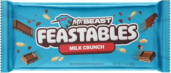 Mr Beast Feastable Chocolate Bar Mix Bundle - x1 Milk Chocolate, x1 Almond Milk Chocolate, x1 Milk Crunch, x1 Peanut Butter - 4 x 60g Bars
