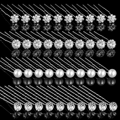 Braut Hochzeit Haarnadeln 40 Stück Strass Perlen Haarnadeln Haarschmuck Silber U-Förmige Blumen Kristalle Brautschmuck für Frauen und Mädchen Kommunion, Hochzeit Party