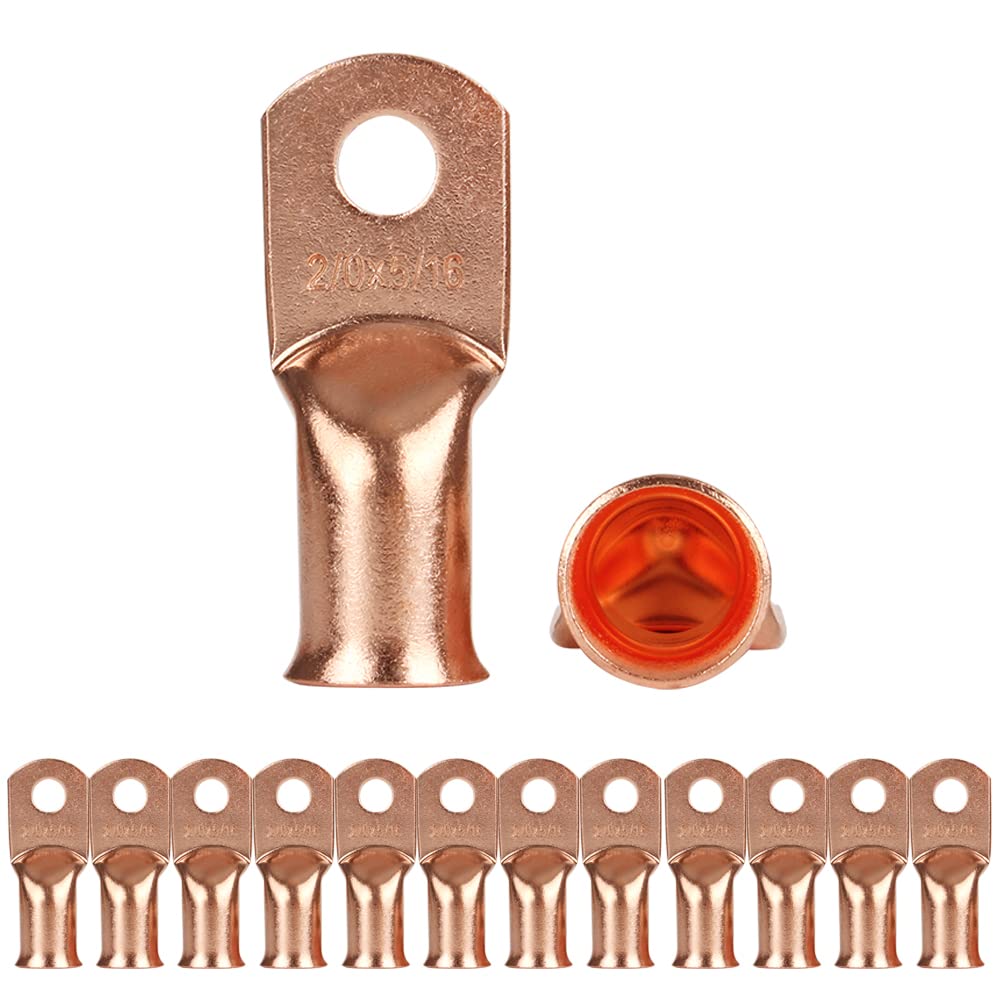 12Pcs 2/0x5/16 Copper Wire Lug,2/0 AWG 5/16" Stud Heavy Duty Battery