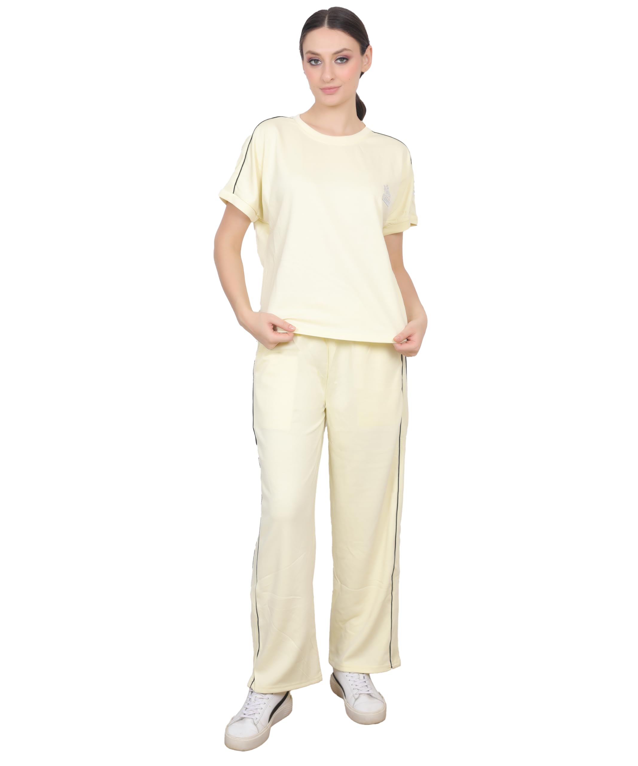 Women Solid Oversized T-Shirt with Wide Leg Track Pants Co-Ord Set (IN, Alpha, XL, Regular, YELLOW)-image-4