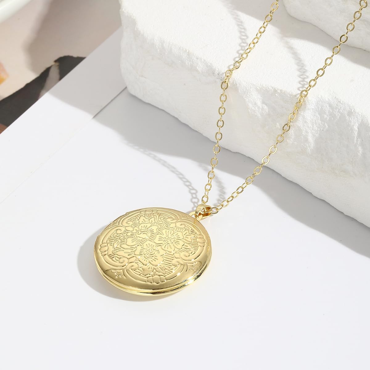 Round Vintage Locket Necklace with Intricate Floral Design, Openable DIY Photo Frame Pendant for Women, Elegant Keepsake Jewelry（Gold）