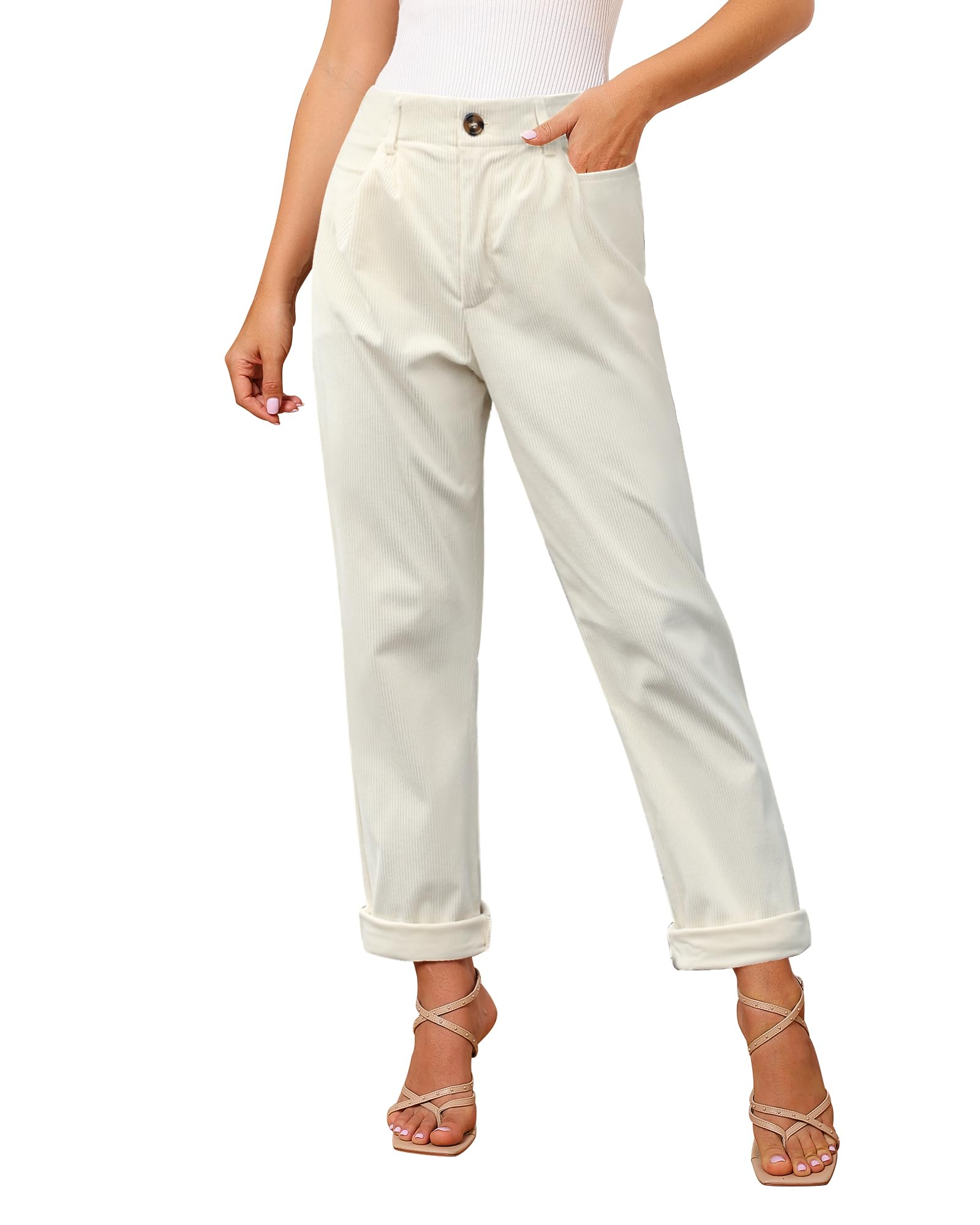 GRAPENT Corduroy Pleated Pants for Women Casual Stretchy High Waisted Straight Leg Trousers Loose Fit Slacks with Pockets