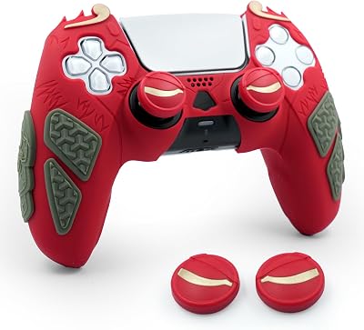 Silicone Grip Cover Compatible with PS5 DualSense Controller, Wukong Themed Anti-Slip Chainmail Texture Skin, No Need to Remove for Charging with Joystick Caps (Wukong Red)