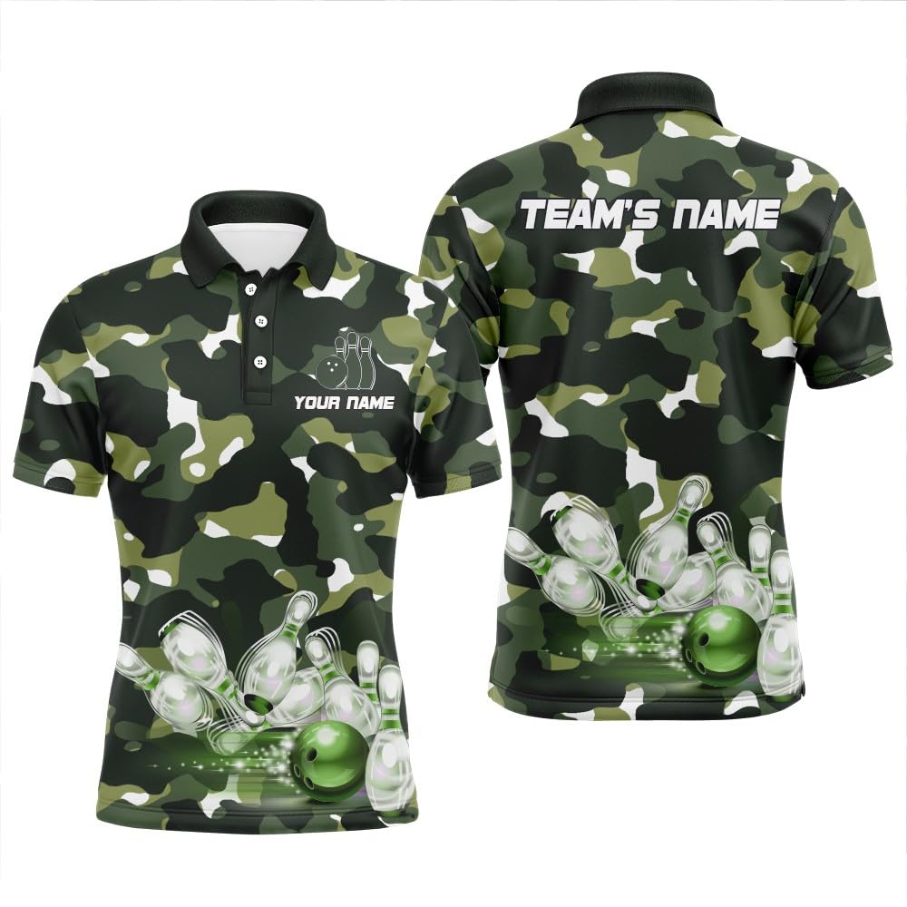 PIONAMZIOZ Camo Bowling Polo & Quarter-Zip Shirt for Men & Women Custom Bowling Team Shirt Short Sleeve Bowlers Jersey BDT49 (Green Camo)