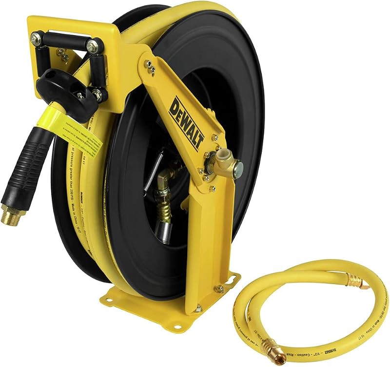 DEWALT DXCM024-0344 Double Arm Hose Reel with 1/2" x 50' Premium Rubber Hose | Premium Rubber is Oil & Kink Resistant; Up to 250 PSI; Ratchet Gearing Lock; Self-Leveling During Windup; 1/2" NPT Fittings