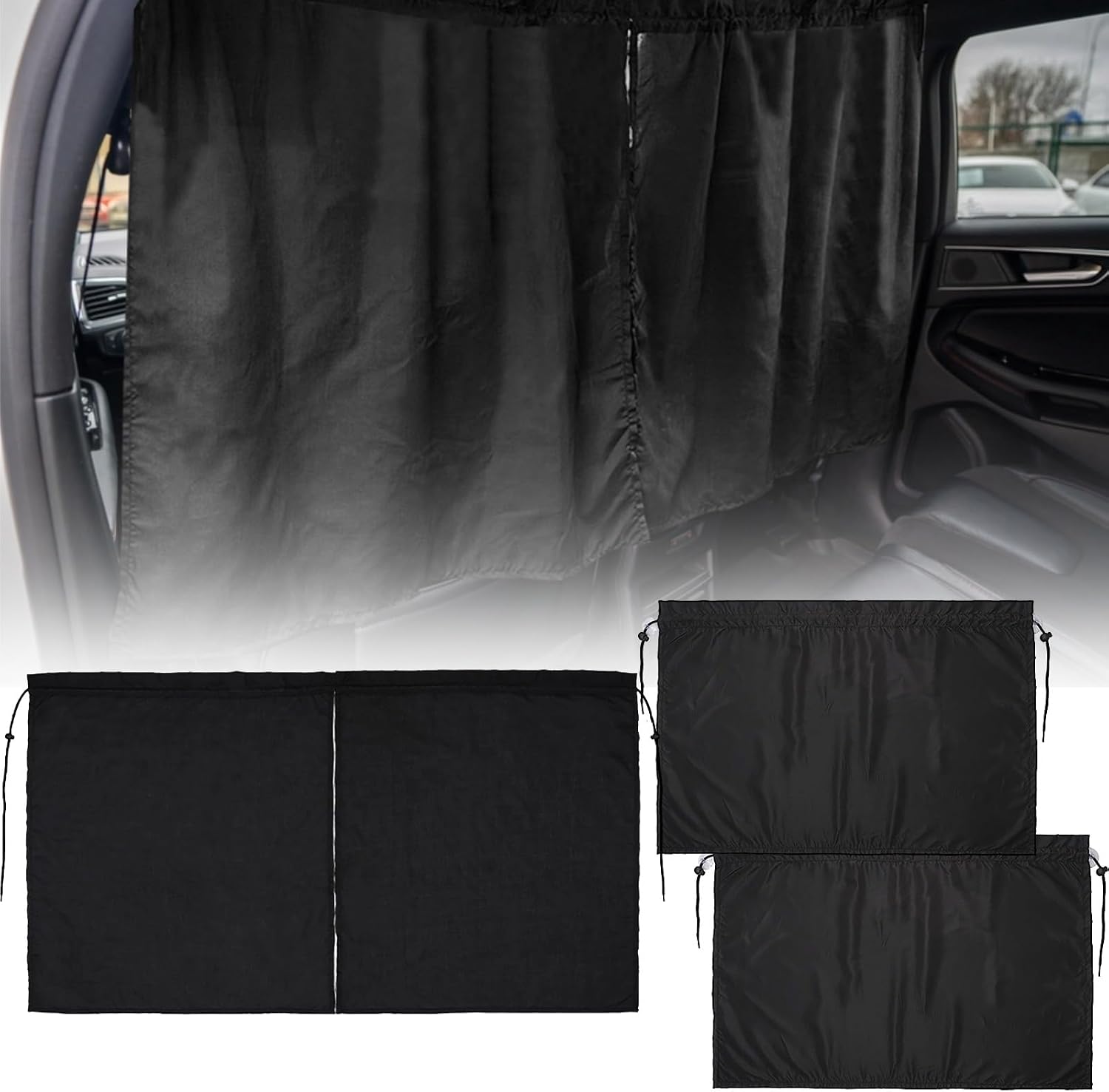 3 Pcs Car Privacy Curtains Set, Black Divider Curtain 55.1"x27.6" & 2 Window Shades - Polyester Fabric for Substantial Privacy, Universal Fit for Most Vehicles