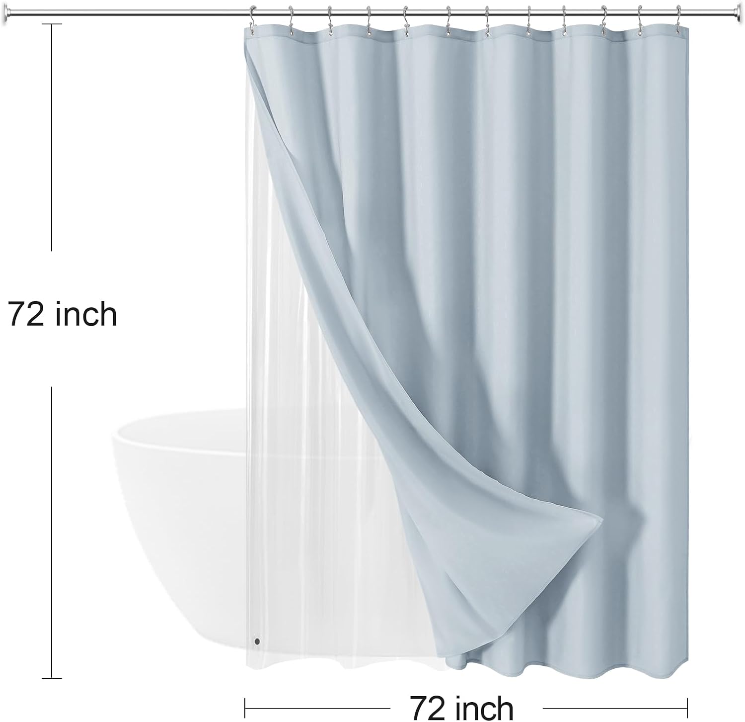 MitoVilla 3 in 1 Shower Curtain Set, FogBlue Modern Slub Textured Fabric Shower Curtain and Clear PEVA Liner Set with 12 Double Sided Steel Hooks, Waterproof Fabric Hotel Bathroom Curtain-72x72