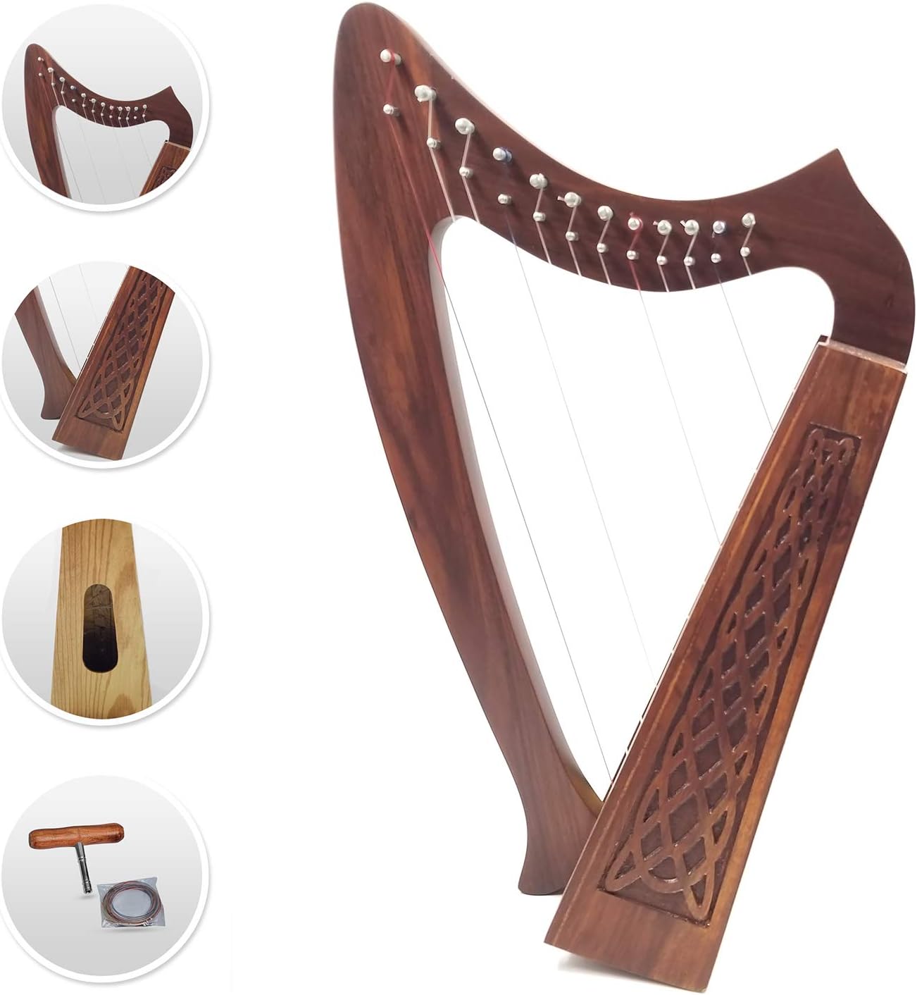 12 Strings Harp Irish Celtic Highland Solid Rosewood Naturl shape Nylon Lever Tuning Key Extra Set included 18" inches tall Roseback