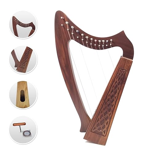 12 Strings Harp Irish Celtic Highland Solid Rosewood Naturl shape Nylon Lever Tuning Key Extra Set included 18" inches tall Roseback