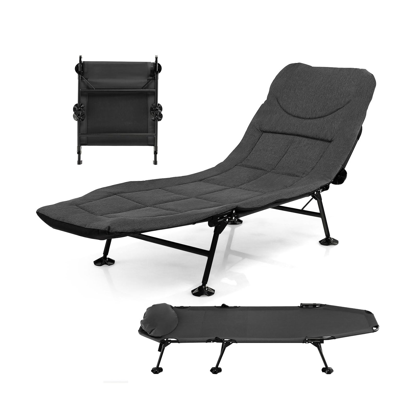 GYMAX Lit de Camping Pliable avec Oreiller Amovible, Dossier Réglable en 5 Positions, Matelas Confortable, Chaise Longue Portable pour Pique-Nique, Randonnée, Plage, Charge 200 KG