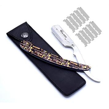 Professional Barber Straight Edge Razor - Salon Hair Cut Stainless Steel Safety Blade for Close Shaving, Navalha De Barbeiro with 10 single edge sharp blades Metal handle