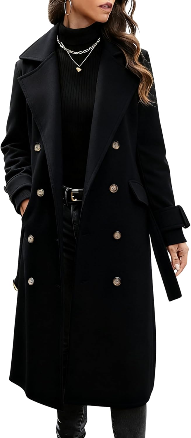 Hooever Women's Long Wool Coat Fall Winter Notched Lapel Double Breasted Trench Coat Peacoat with Belt