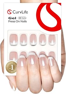 Curvlife Soft Gel Press on Nails with French Tips and Glossy Short Size Design Full Cover 15 Sizes Gel Nails, Women Reusable Nail Kit with Nail Glue Adhesive Tabs Nail File
