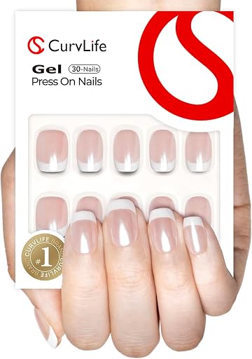 Curvlife Soft Gel Press on Nails with French Tips and Glossy Short Size Design Full Cover 15 Sizes Gel Nails, Women Reusable Nail Kit with Nail Glue Adhesive Tabs Nail File