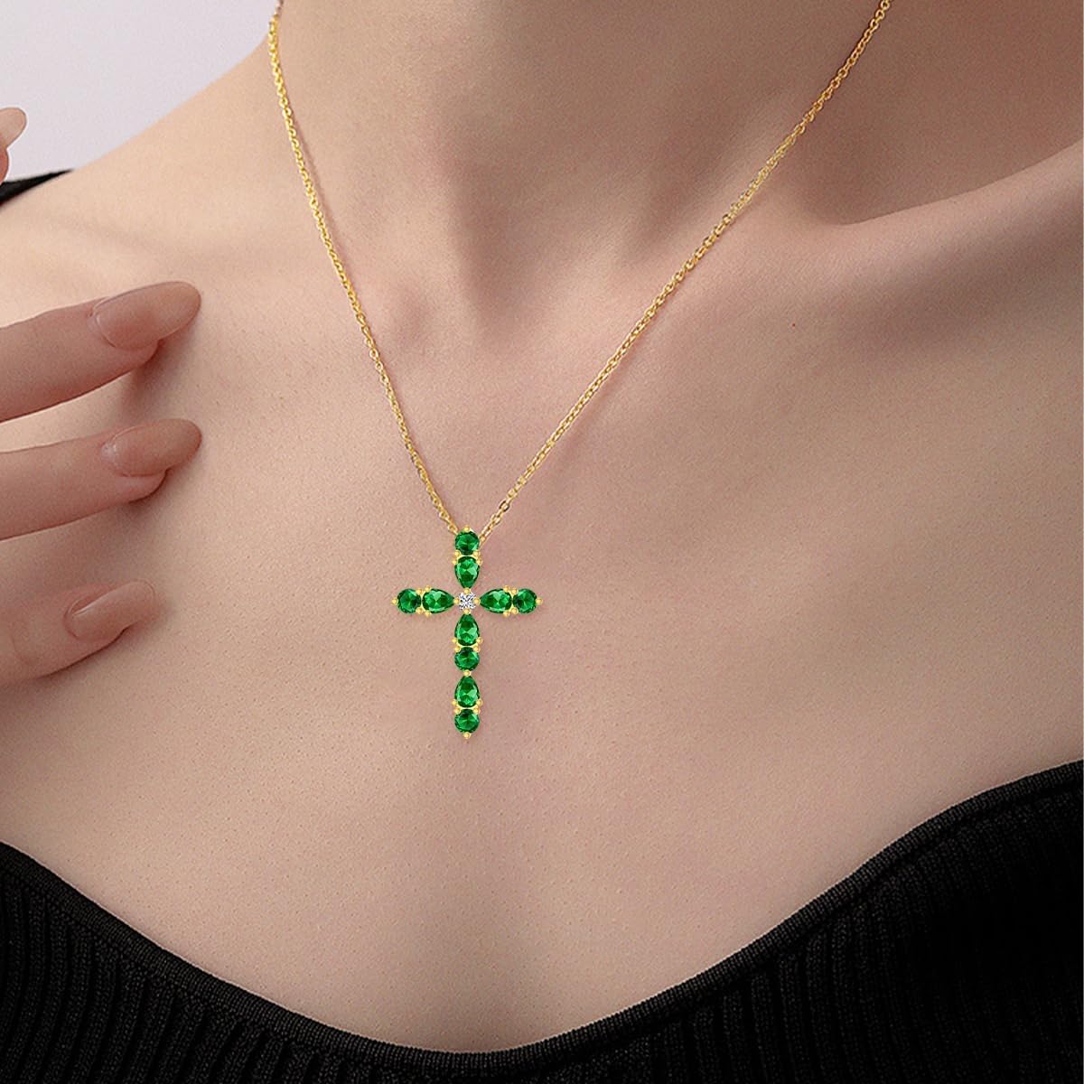 Emerald Necklaces for Women 18K Gold Plated Silver Cross Green Emerald Pendant Necklaces, May Birthstone 16+2"