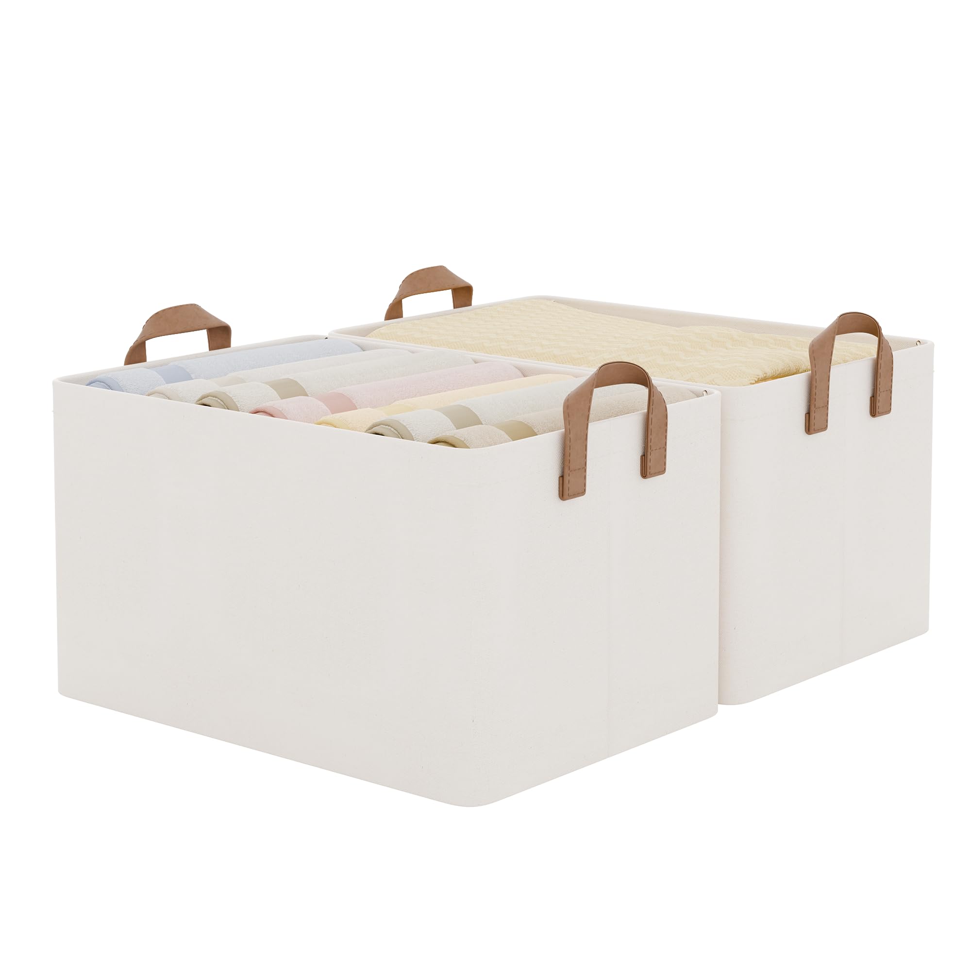 StorageWorks Shelf Storage Boxes, Extra Large Storage Baskets with Metal Frame, Wardrobe Storage Organiser for Shelves, Fabric Organiser Box, Bedroom Clothing Boxes with Handles, Beige, 2-Pack