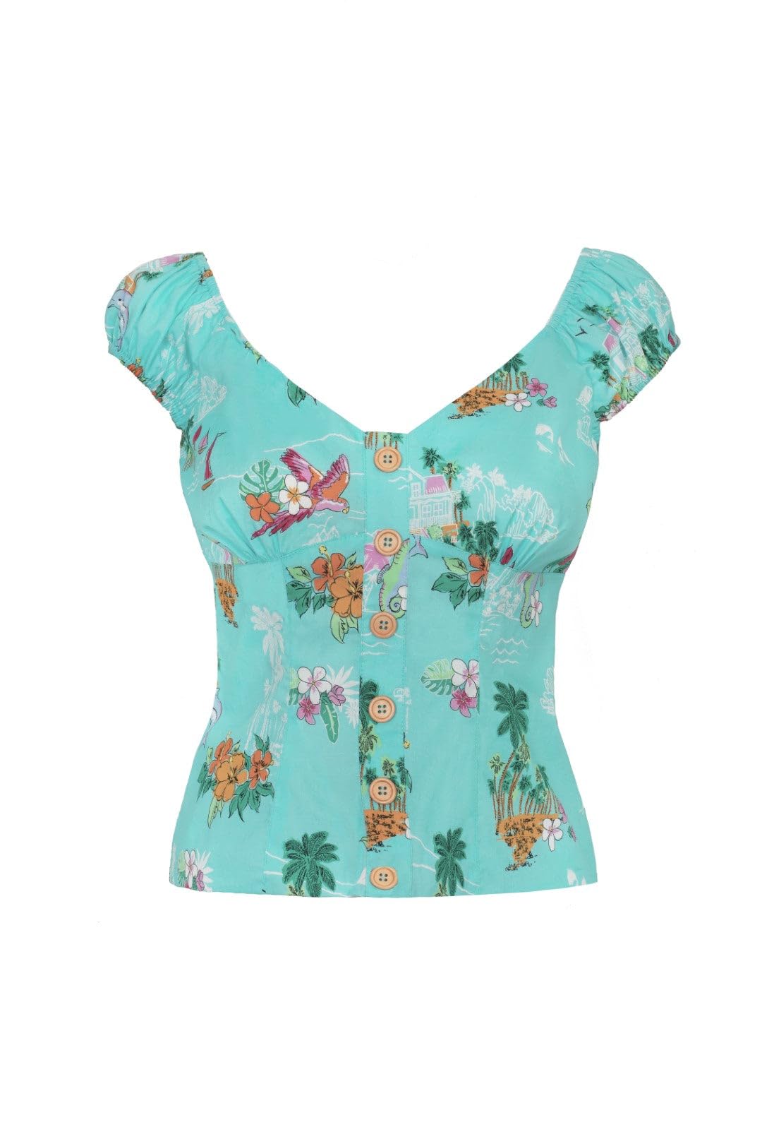 Hell Bunny Women's Aqua Ayanna Fitted Style Printed Floral Top In | Size: Small